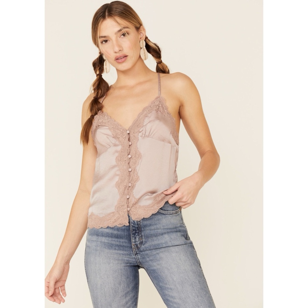 Wishlist Women's Satin Lace Trim Button Down Cami Tank Top
